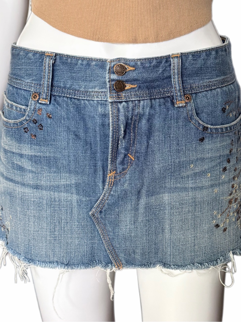 Abercrombie & Fitch Denim Mini Skirt Womens 2 Blue Embroidered Distressed Y2K